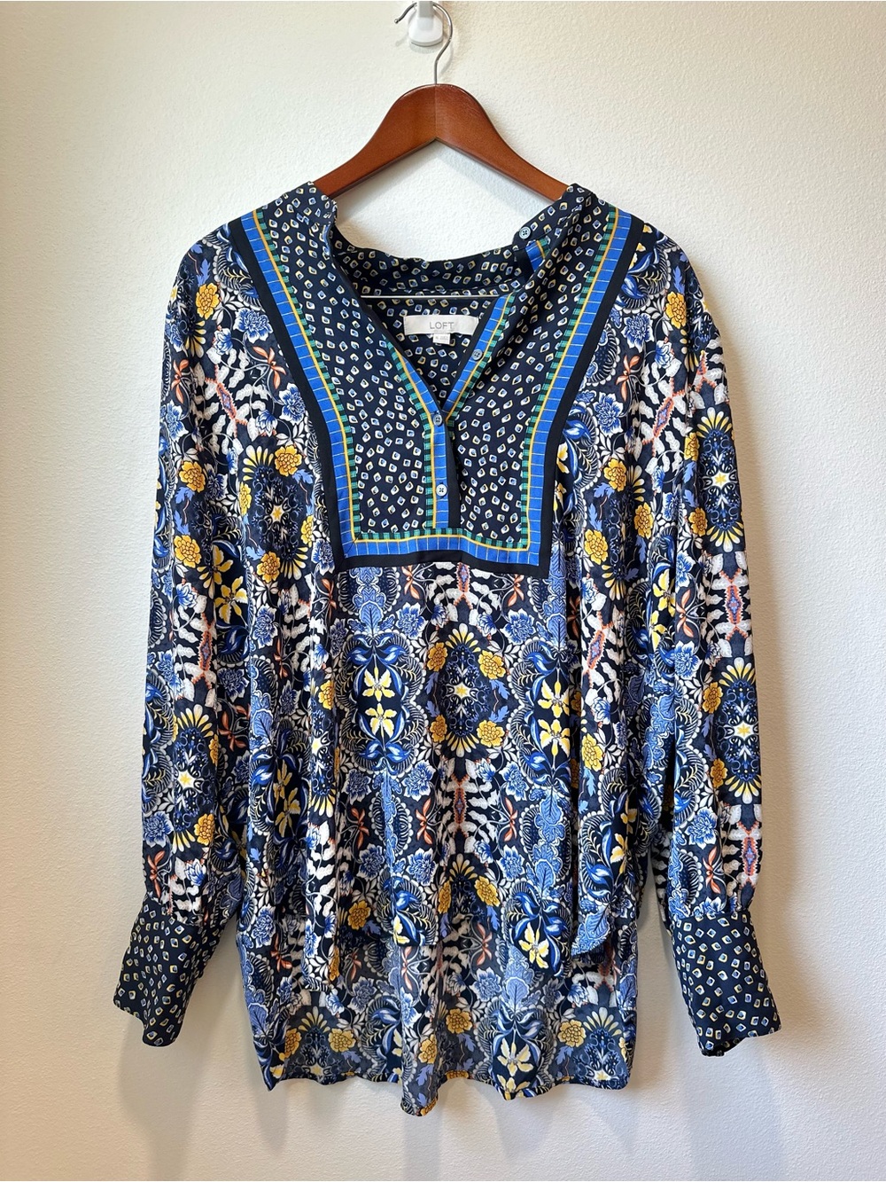 LOFT Mixed Print Floral Boho Tunic Blouse Long Sleeve Blue XL